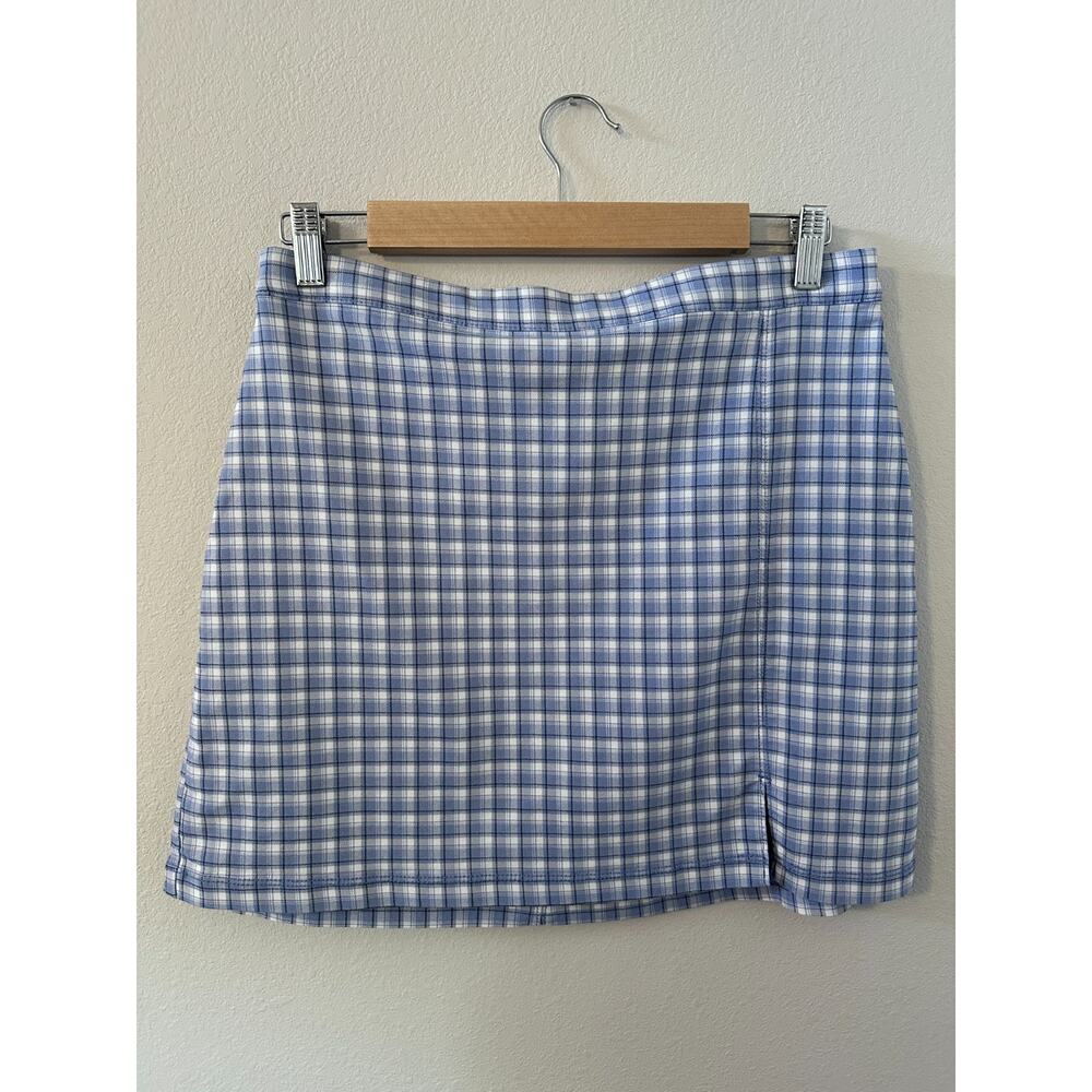 Hollister womens large Skirt Light Blue Plaid Checker Flannel with slit‎ mini